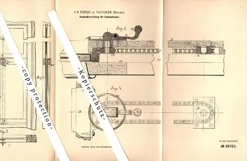 Original Patent - J.B. Fondu in Vilvorde , 1882 , Feststeller für Schiebefenster , Eisenbahn ,  Vilvoorde !!!