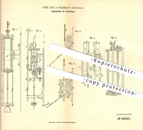 original Patent -  Axel Bay in Nakskov , Dänemark , 1888 , Zugregulator für Feuerungen , Regulator , Ofen , Ofenbauer !!