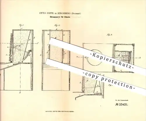 original Patent - Otto Poppe in Kirchberg , 1883 , Streuapparat für Klosets , Toilette , WC !!!