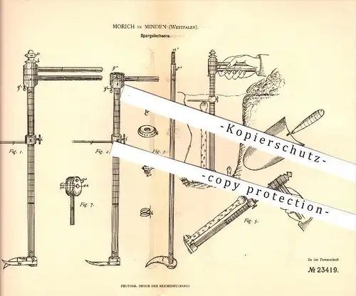 original Patent - Morich in Minden , 1883 , Spargelschere , Spargel , Landwirtschaft , Gartengeräte , Schere !!!