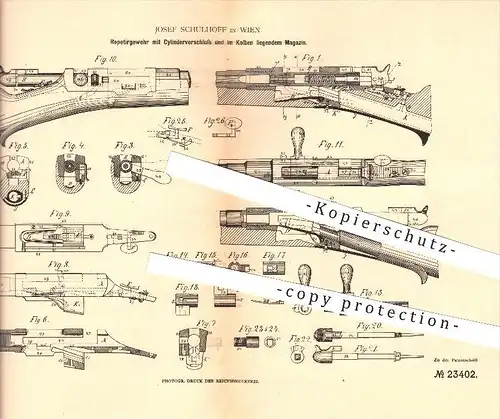 original Patent - Josef Schulhoff in Wien , 1882 , Repetiergewehr , Gewehr , Waffen , Geschosse !!!
