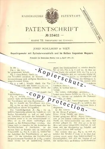 original Patent - Josef Schulhoff in Wien , 1882 , Repetiergewehr , Gewehr , Waffen , Geschosse !!!