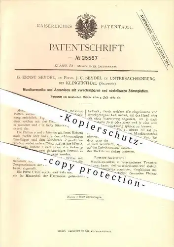 original Patent - G. Ernst Seydel , J. C. Seidel in Untersachsenberg bei Klingenthal , 1883 , Mundharmonika & Akkordeon