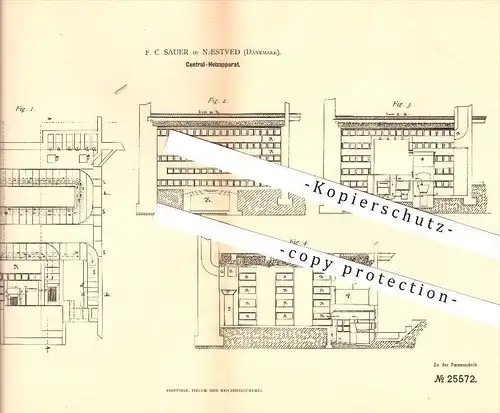 original Patent - F. C. Sauer in Næstved , Dänemark , 1883 , Zentral-Heizapparat , Heizung , Naestved  !!!