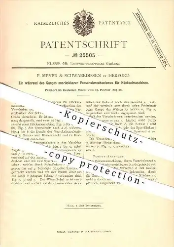 original Patent - F. Meyer & Schwabedissen in Herford , 1883 , Vorschubmechanismus für Häckselmaschinen , Landwirtschaft