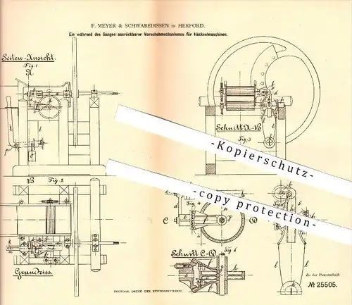 original Patent - F. Meyer & Schwabedissen in Herford , 1883 , Vorschubmechanismus für Häckselmaschinen , Landwirtschaft