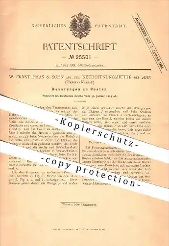 original Patent - W. Ernst Haas & Sohn auf der Neuhoffnungshütte bei Sinn , 1883 , Rost , Ofenrost , Ofenbau , Ofen !!!