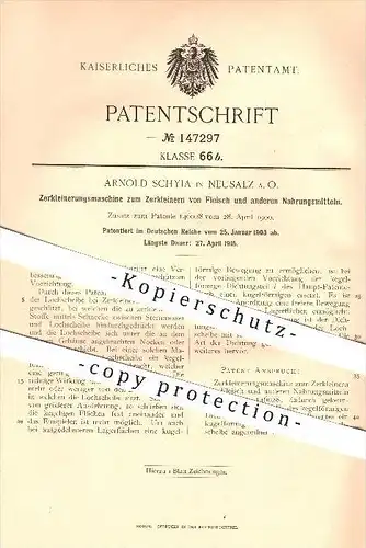 original Patent - Arnold Schyia in Neusalz a. O. , 1903 , Zerkleinerungsmaschine für Fleisch , Lebensmittel , Haushalt !