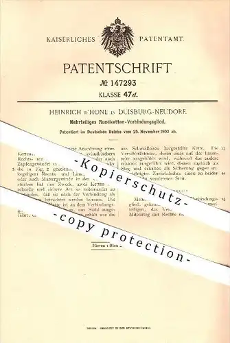 original Patent - Heinrich d'Hone in Duisburg-Neudorf , 1902 , Mehrteiliges Rundketten-Verbindungsglied , Kette !!!