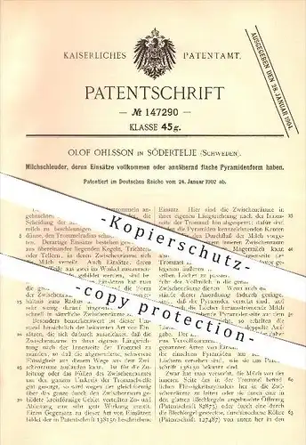 original Patent - Olof Ohlsson in Södertälje , Schweden , 1902 , Milchschleuder , Schleuder , Milch , Landwirtschaft !!!