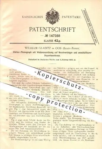original Patent - Wilhelm Gladitz in Oos , 1902 , Diktier-Phonograph mit Walzenanordnung , Baden-Baden !!!