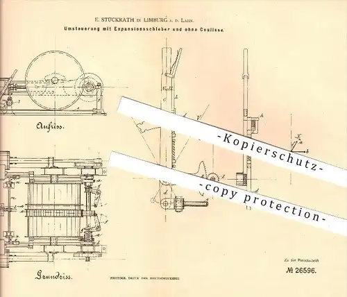 original Patent - E. Stückrath in Limburg a. d. Lahn , 1883 , Umsteuerung mit Expansionsschieber , Dampfmaschinen !!!