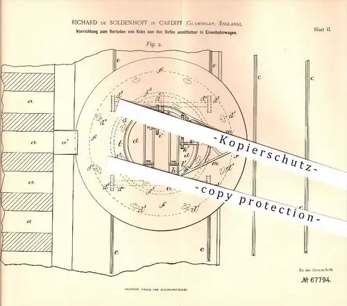 original Patent - Richard de Soldenhoff in Cardiff , Glamorgan , 1892 , Verladen von Koks aus Eisenbahnen , Eisenbahn !!