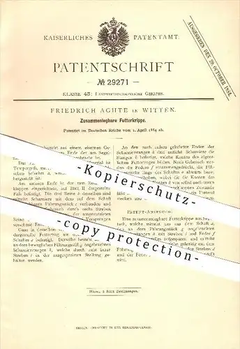 original Patent - Friedrich Aghte in Witten , 1884 , Zusammenlegbare Futterkrippe , Futtertrog , Landwirtschaft , Tiere