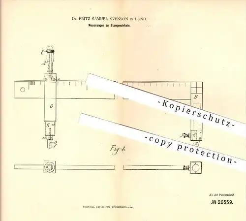 original Patent - Dr. Fritz Samuel Svenson in Lund , 1883 , Stangenzirkel , Zirkel , Messen , Bemessung !!!