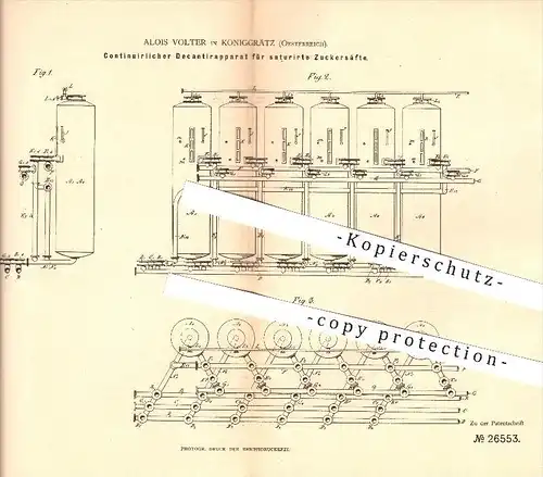 original Patent - A. Volter in Königgrätz , Österreich , 1883 , Apparat für Zuckerfabrik , Hradec Králové !!!