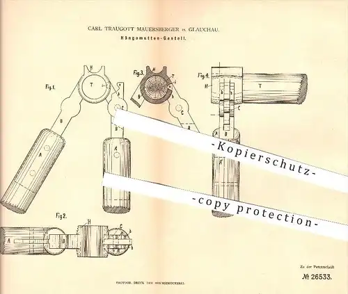 original Patent - Carl Traugott Mauersberger in Glauchau , 1883 , Hängemattengestell , Hängematte !!!
