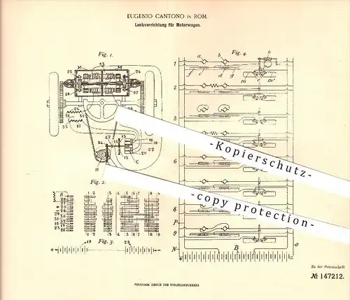 original Patent - Eugenio Cantono in Rom , 1902 , Sterzo dei veicoli a motore , Automobile !!!