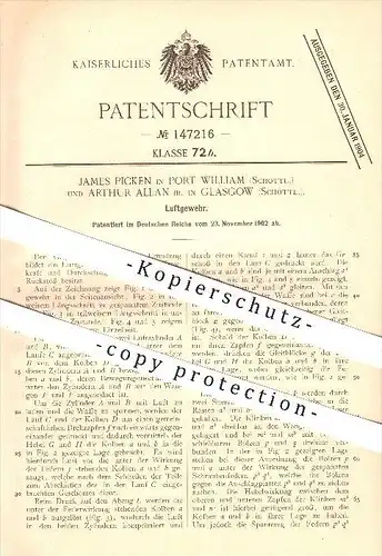 original Patent - James Picken in Port William und Arthur Allan Jr. in Glasgow , 1902 , Luftgewehr , Gewehr , Waffen !!!