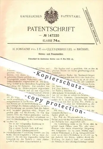 original Patent - H. Fontaine und J. F. van Cleynenbreugel in Brüssel , 1902 , Diebes- und Feuermelder , Feuerwehr !!