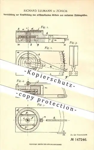 original Patent - Richard Leumann in Zürich , 1902 , Arithmetischen Mittels aus mehreren Zahlen , Arithmetik !!!