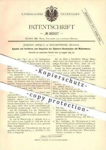 original Patent - J. Appelt in Reichenberg , Böhmen , 1883 , Umgießen von Druckwalzen mit Walzenmasse !!!