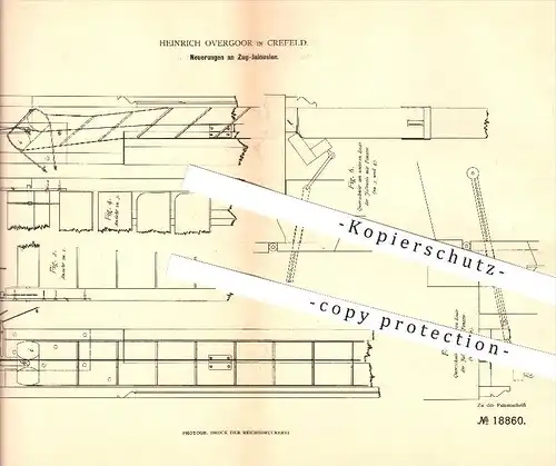 original Patent - Heinrich Overgoor in Krefeld , 1881 , Zugjalousien , Jalousien , Rolläden , Fenster !!!