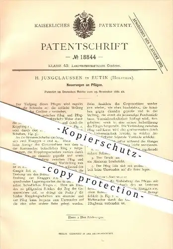 original Patent - H. Jungclaussen in Eutin , 1881 , Pflug , Pflügen , Landwirtschaft , Ackerbau !!!