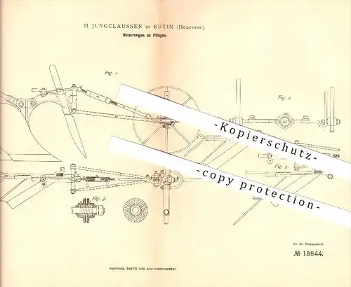 original Patent - H. Jungclaussen in Eutin , 1881 , Pflug , Pflügen , Landwirtschaft , Ackerbau !!!