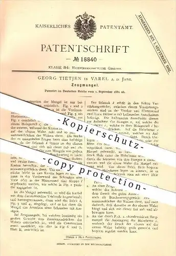 original Patent - Georg Tietjen in Varel a. d. Jade , 1881 , Zeugmangel , Mangel , Haushalt !!!