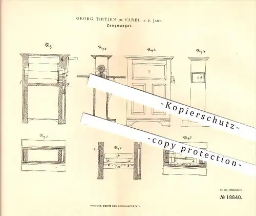 original Patent - Georg Tietjen in Varel a. d. Jade , 1881 , Zeugmangel , Mangel , Haushalt !!!