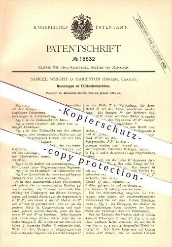 original Patent - Samuel Wright in Harriston , Ontario , Kanada , 1882 , Fassbindemaschinen , Fass , Fässer , Holzfass !