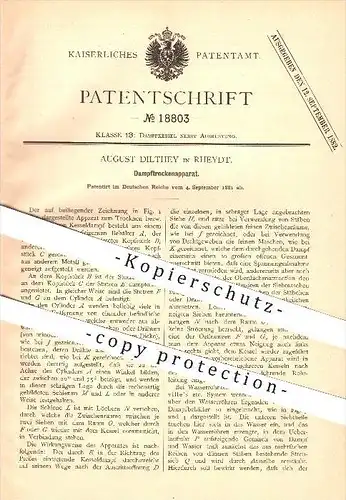 original Patent - August Dilthey in Rheydt , 1881 , Dampftrockenapparat , Dampfkessel , Kessel !!!