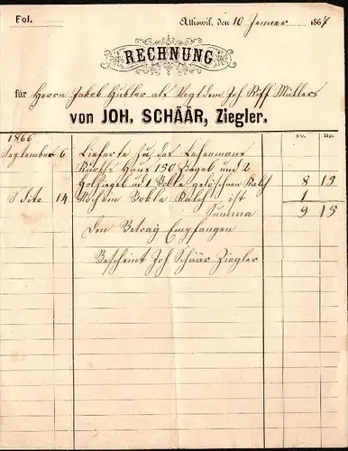 altes Dokument Johann Schäär , Ziegler in Ottiswil / Grossaffoltern , 1867  !!!