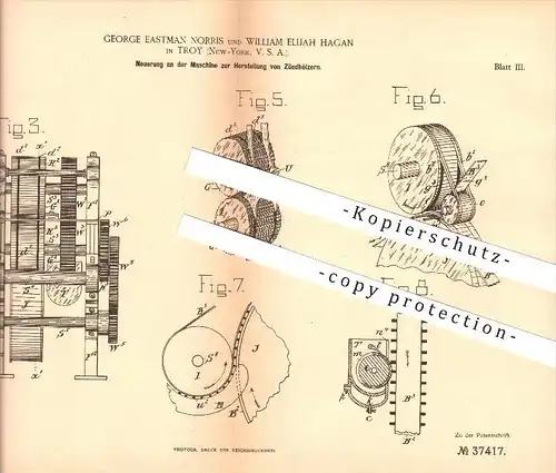 original Patent - George E. Norris & William E. Hagan in Troy , New York , 1885 , Machine for matches , Zündholz !!