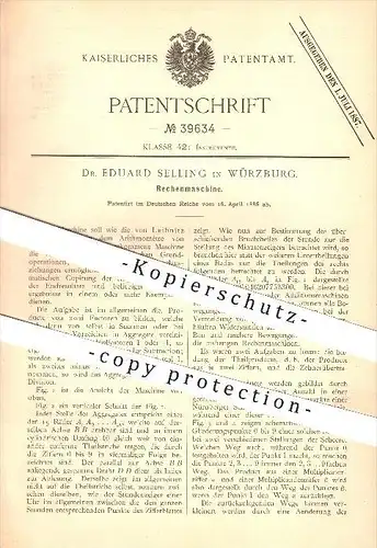 original Patent - Dr. Eduard Selling in Würzburg , 1886 , Rechenmaschine , Rechnen , Mathematik !!!