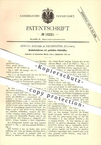 original Patent - Gustav Köster in Neumünster , 1881 , Backofenlaternen mit gekühltem Ölbehälter , Lampen , Bäckerei !!