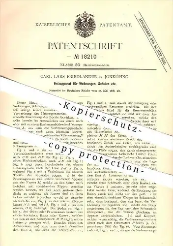 original Patent - Carl Lars Friedländer in Jönköping , 1881 , Heizung für Wohnungen und Schulen , Heizungsanlagen !!!