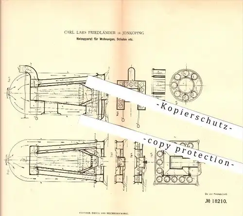 original Patent - Carl Lars Friedländer in Jönköping , 1881 , Heizung für Wohnungen und Schulen , Heizungsanlagen !!!