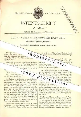 original Patent - Aug. von Wedell in Forsthaus Sonneberg i. Harz , 1881 , Graviped , Fahrrad , Hochrad !!!