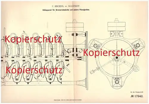 original Patent - F. Kroehl in Allstedt , 1881 , Kühlapparat für Maische , Brennerei , Brauerei , Alkohol !!