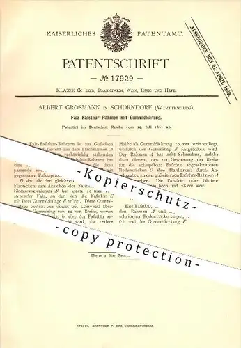 original Patent - Albert Grosmann in Schorndorf , 1881 , Fasstürrahmen mit Gummidichtung , Tür , Fass , Fässer !!!