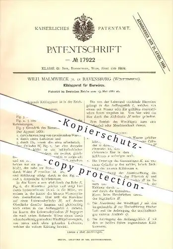 original Patent - Wilh. Malmwieck Jr. in Ravensburg , 1881 , Kühlapparat für Bierwürze , Brauerei , Alkohol !!!