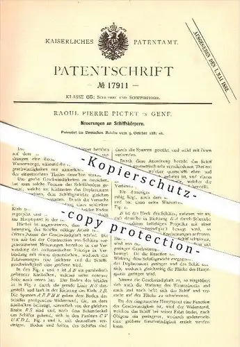 original Patent - Raoul Pierre Pictet in Genf , 1881 , Schiffskörper , Schiffbau , Schiffe , Boote Schifffahrt !!!