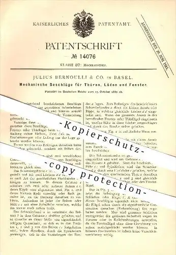 original Patent - Julius Bernoulli & Co. in Basel , 1880 , Mechanische Beschläge für Türen, Läden u. Fenster , Tischler