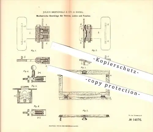 original Patent - Julius Bernoulli & Co. in Basel , 1880 , Mechanische Beschläge für Türen, Läden u. Fenster , Tischler