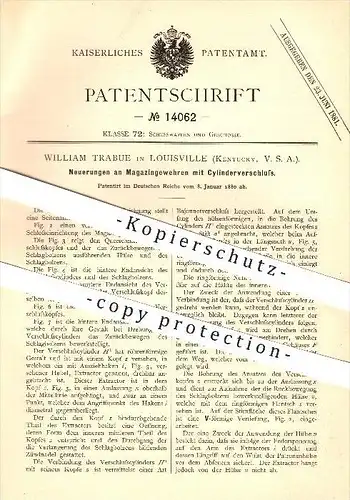 original Patent - W. Trabue in Louisville , Kentucky , 1880 , Magazingewehr mit Zylinderverschluss , Waffen , Gewehr !!!