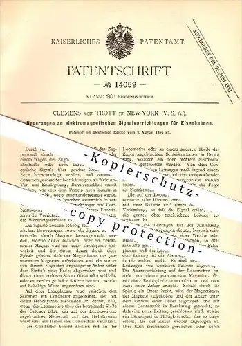 original Patent - Clemens von Trott in New York , 1879 , Signalvorrichtungen für Eisenbahnen , Eisenbahn !!!