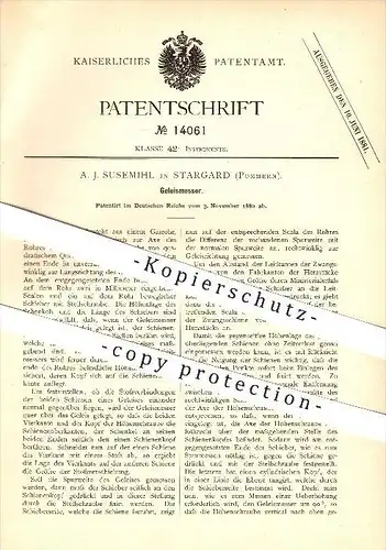 original Patent - A. J. Susemihl in Stargard , Pommern , 1880 , Gleismesser , Eisenbahn , Bahngleise !!!