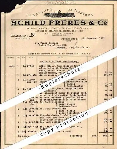 altes Dokument , Schild Freres , Fabriques de Montres , Granges / Grenchen , 1931 , Luanda , Angola i. Africa !!!
